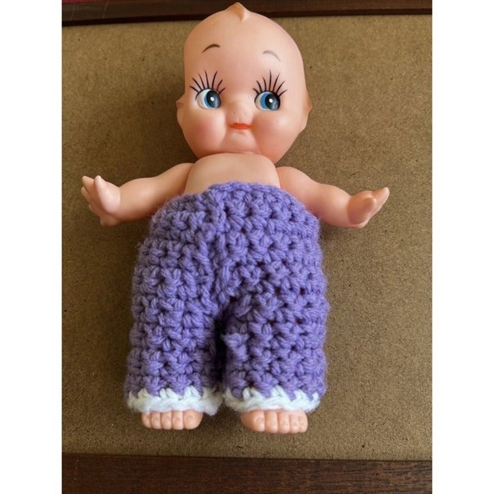 Vintage Squeaky 9” Kewpie Rubber Doll - Knitted Purple Pants - Long Eyelashes